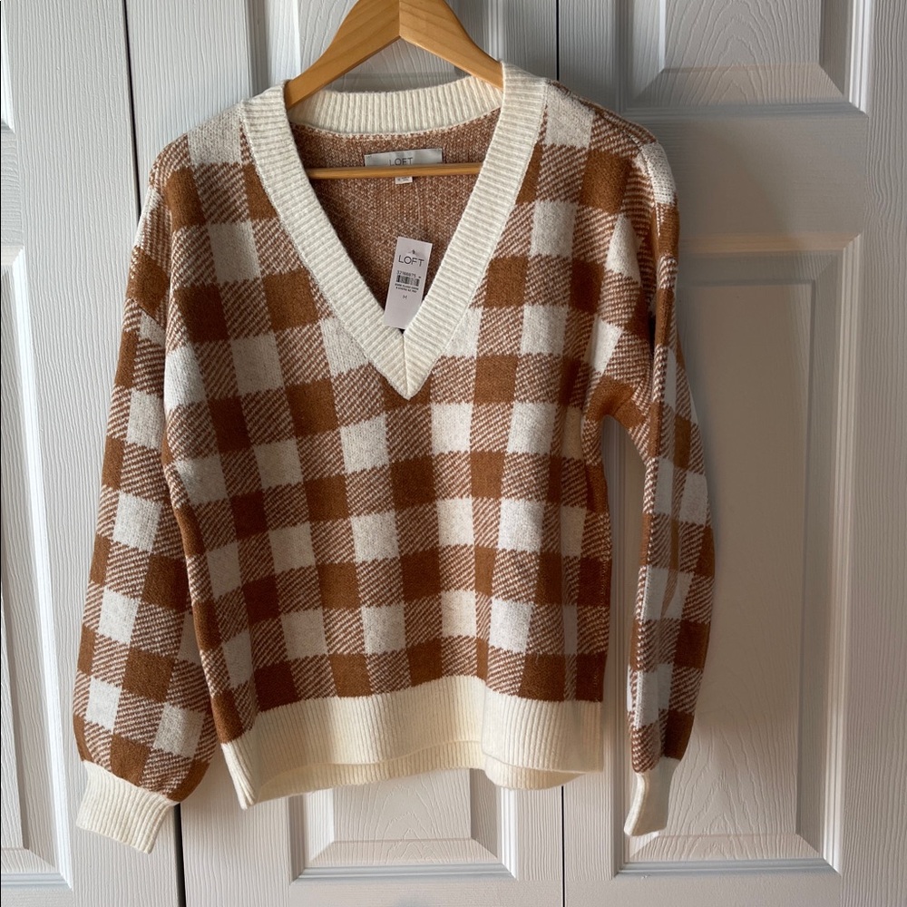 LOFT V-Neck Sweater in Brown and Cream Checkered
